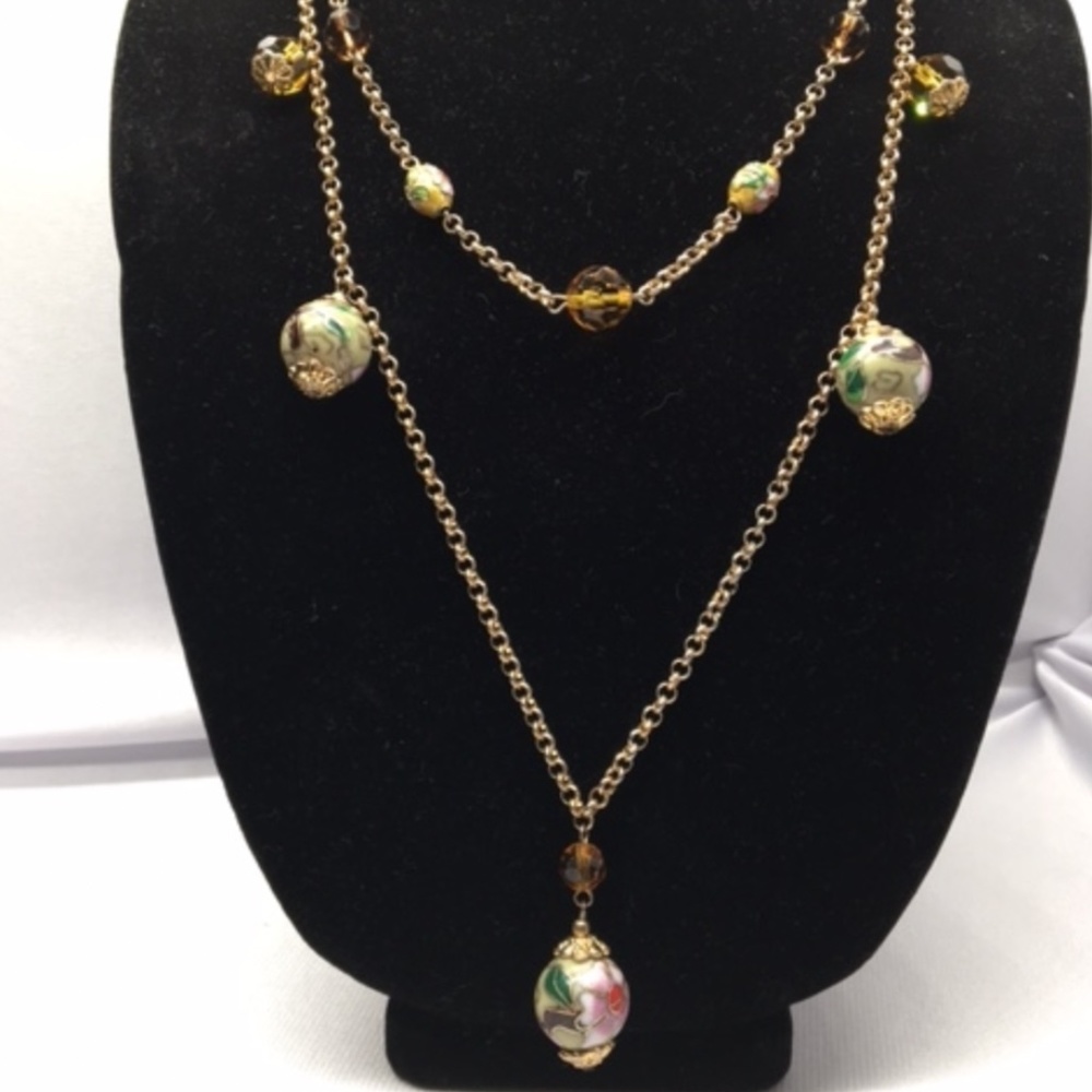 Cloisonne Style W/ Amber Crystal Faceted Bead 2-strand Necklace